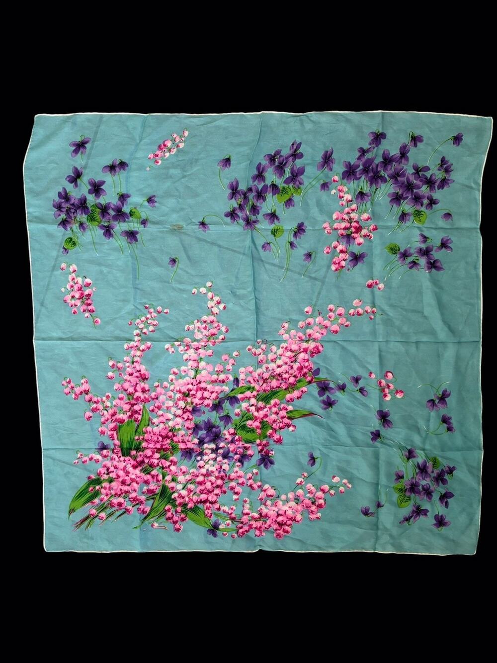 Glentex Silk Scarf Square blue with Purple Pink Floral Japan 30x30 vintage